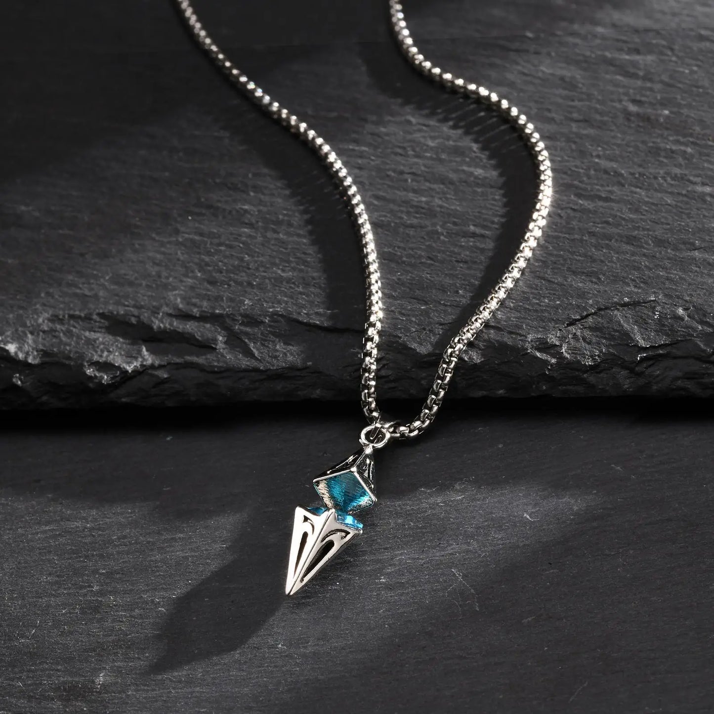 Stylish Blue Stone Necklace – Geometric Stainless Steel Pendant for Men & Women, Perfect Valentine's & Birthday Gift