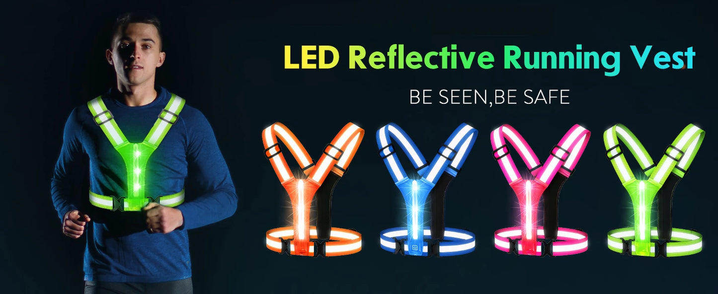 LED Running Vest – USB Rechargeable Reflective Glowing Straps for High Visibility Night Running & Cycling, Elastic Safety Band