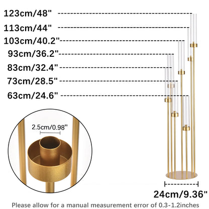4 Sets 7-Arm Floor Candelabra – 48" Gold Metal Candlestick Holders with Removable Acrylic Lampshades, Wedding Centerpiece Decor