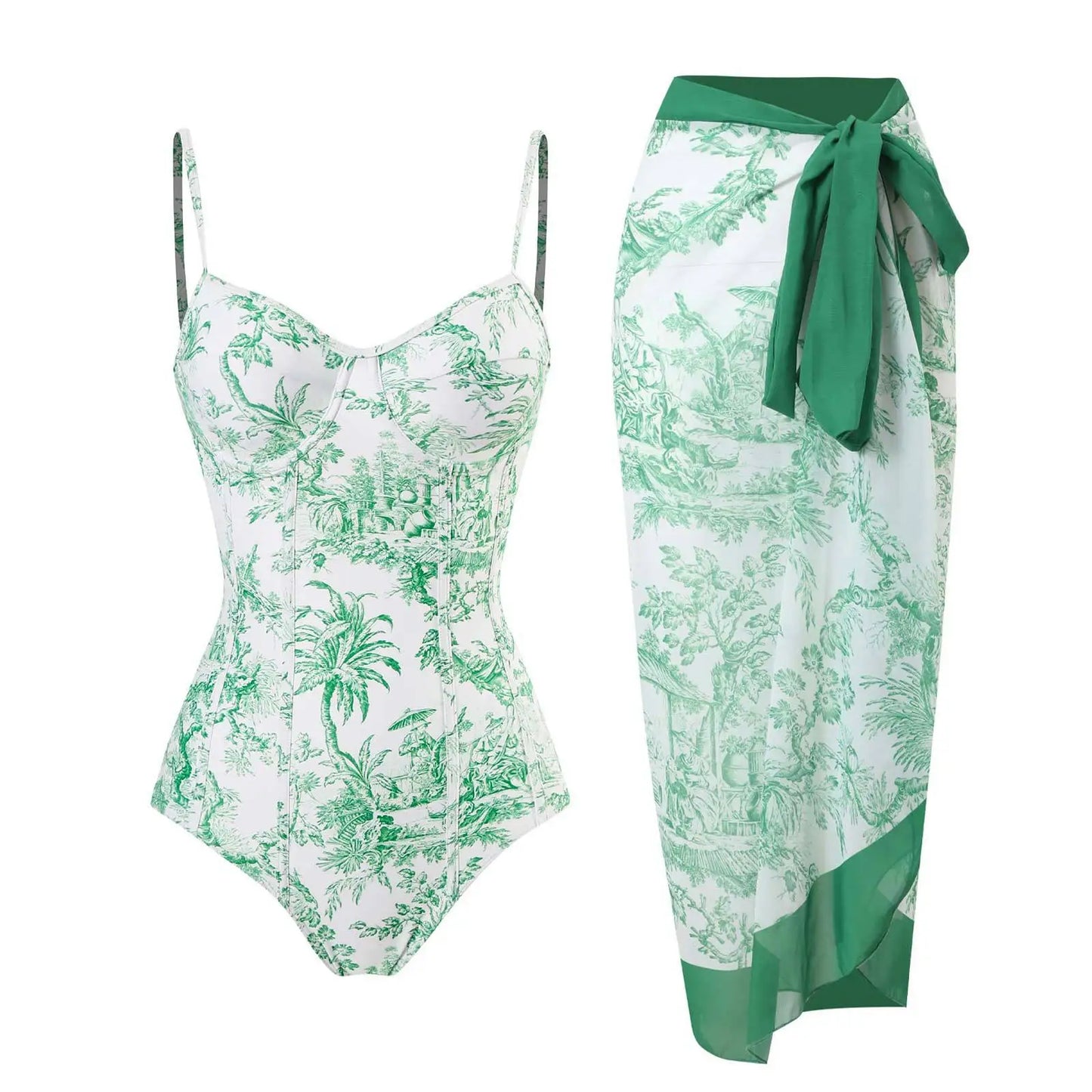 Blue One-Shoulder Ruffle Floral Monokini Swimsuit with Cover Up Sexy One Piece Beach Swimwear for Women Summer
