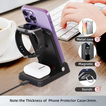 15W 4-In-1 Wireless Charger Stand: Fast Charging Dock Station for iPhone 14/13/12/11/X, Samsung Galaxy S22/S21, Apple Watch, Airpods