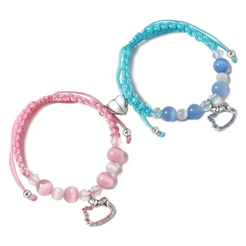 Spider Kitty Heart Charm Bracelets - Magnetic Crystal Beaded Couple Matching Jewelry