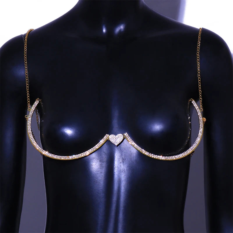 Women’s Heart Rhinestone Body Chain Bra – Chest Jewelry Bikini Halter Top with Breast Support for Parties & Banquets