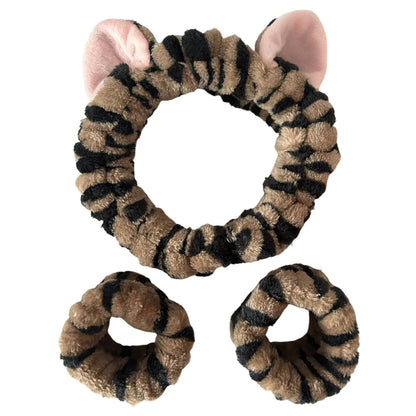 3PCS Cat Ear Plush Headband Set - Soft Face Washing Headband with Wrist Straps for Girls