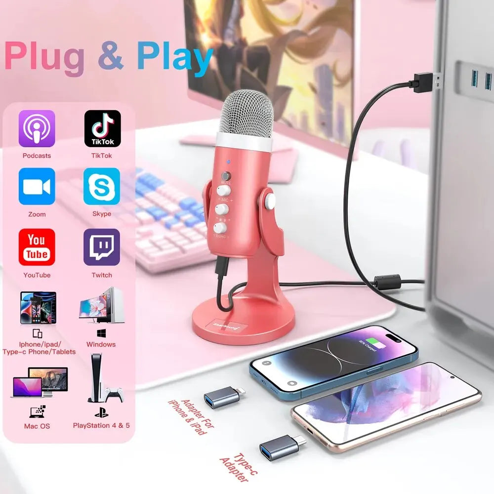 Haomuren USB Condenser Microphone – Pink Studio Mic for PC, Mac, Phone, Gaming, Streaming & Podcasting