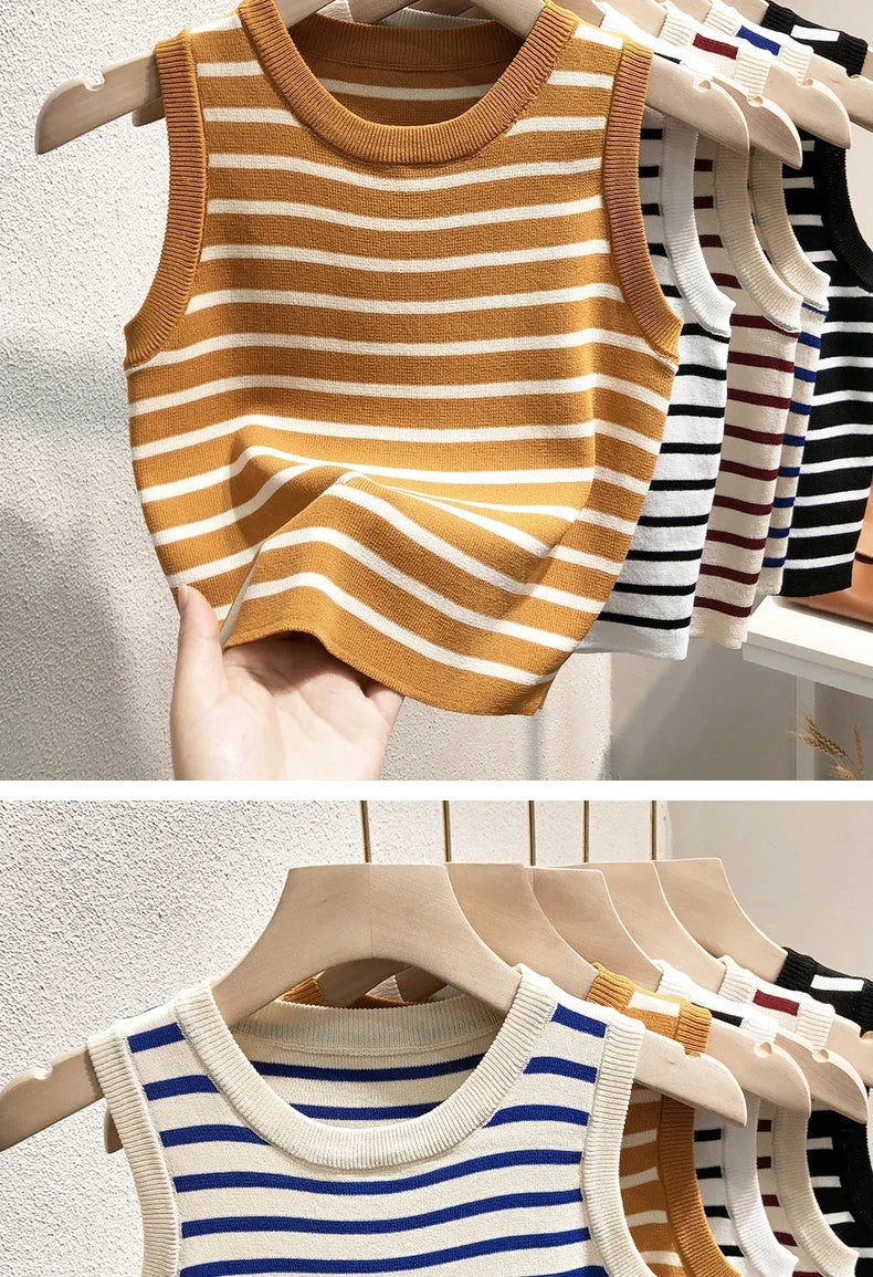 Women's Striped Sleeveless Tank Top — Knitted Crop Summer & Spring Casual Slim Fit Vest Camis
