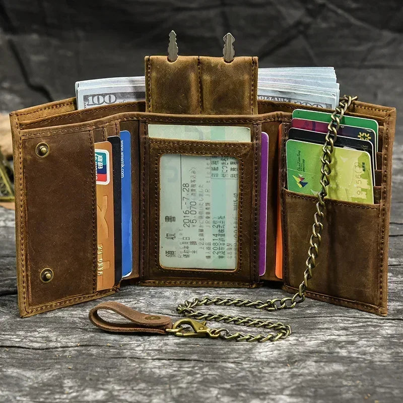 Men’s Genuine Leather Short Wallet with Chain – Trifold Zipper Clutch, Card Holder & Coin Purse