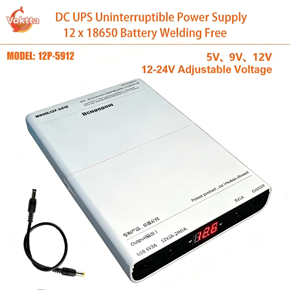 DC UPS 5V/9V/12V Power Supply - 12×18650 Battery Backup Box for Routers, Modems & Devices