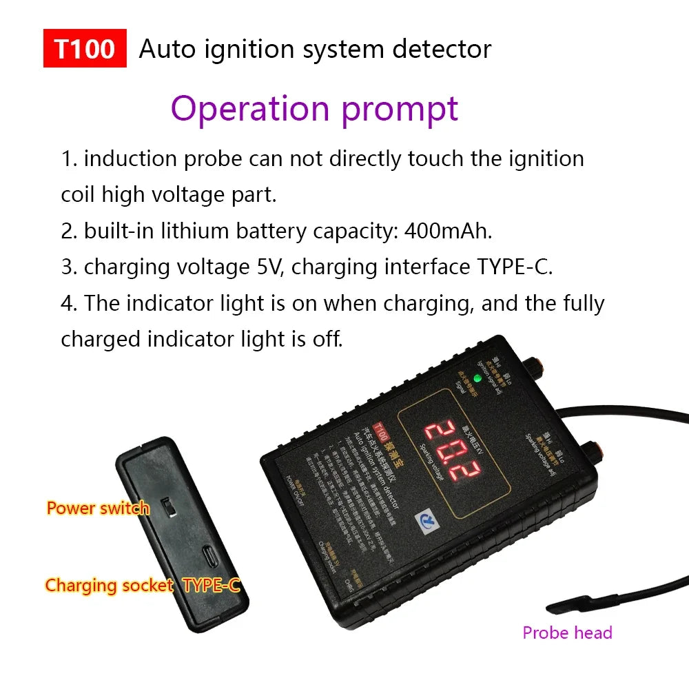 T100 Auto Ignition System Tester — 12V/24V Detector for Ignition Signal & Spark Voltage Testing