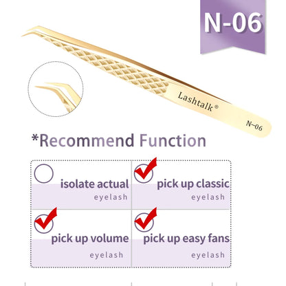 Lashtalk Precision Fiber Tip Tweezer - Diamond Grip Anti-Slip Gold Stainless Steel for Eyelash Extensions Makeup by Nagaraku