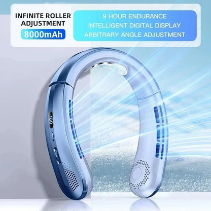 8000mAh USB Neck Fan - Portable Bladeless Rechargeable Cooling Fan with LED Display for Outdoor & Handheld Use