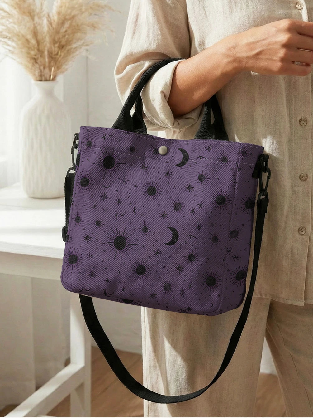 Purple Sun Moon Star Print Tote Bag - Detachable Strap Crossbody Handbag for Women