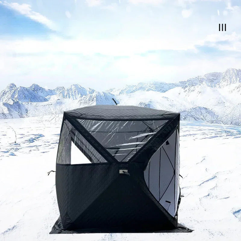 Outdoor 3-4 Person 4-Season Sauna House – Thickened Winter Ice Fishing Tent with Large Window & Chimney Mouth, Quick Open & Portable
