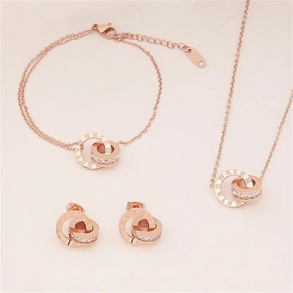 Titanium Steel Roman Digital Jewelry Set - Double Ring Pendant Necklace, Bracelet, and Earrings for Women