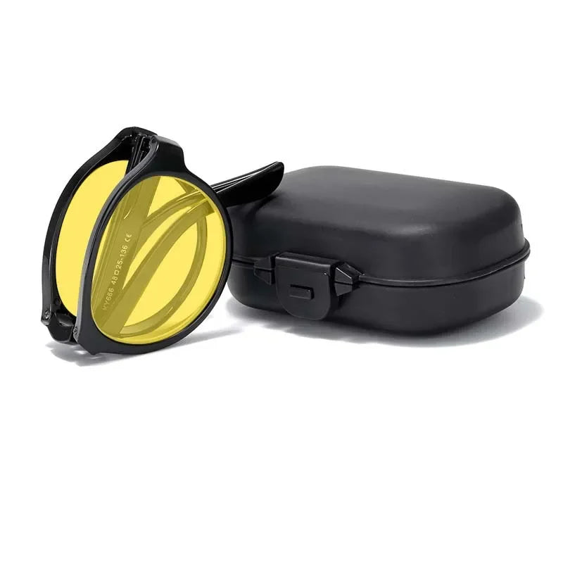 Anti-Glare Foldable Night Vision Driving Glasses – Blue Light Blocking Round Shades for Men & Women with Case