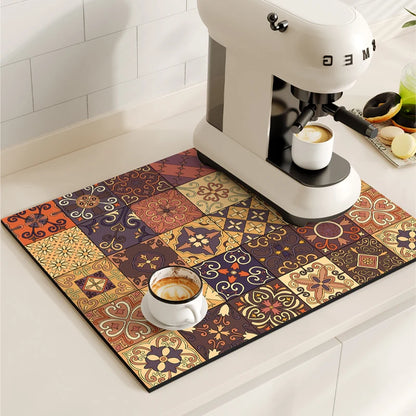 Retro Coffee Maker & Dish Drying Mat – Non-Slip, Quick-Dry Kitchen Placemat for Tableware, Washable