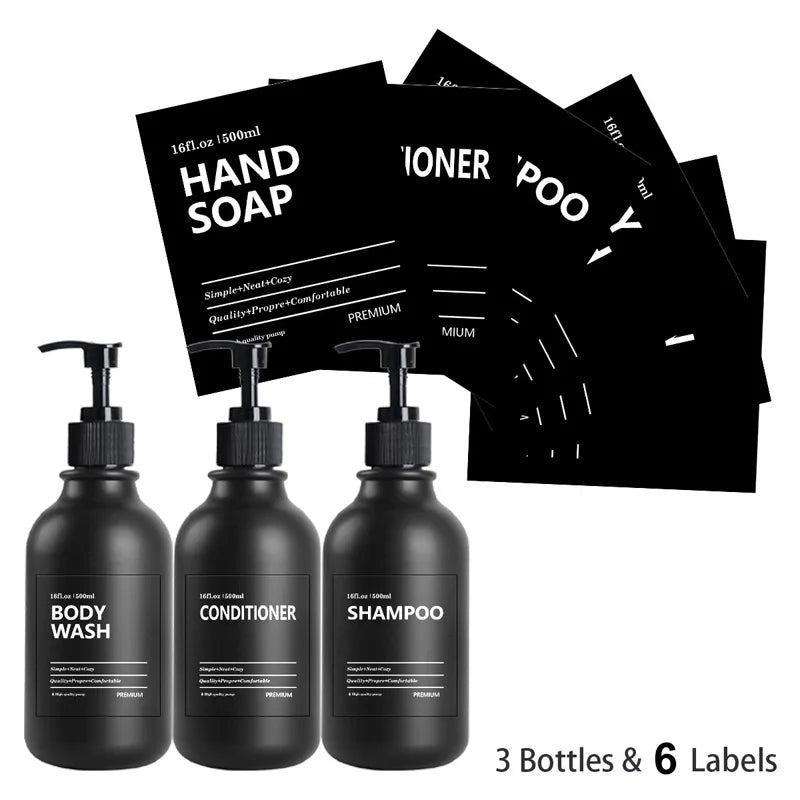 3 Pack 500ml Soap Dispenser Bottles with Labels – Kitchen & Bathroom Shampoo, Conditioner, Liquid Soap Containers