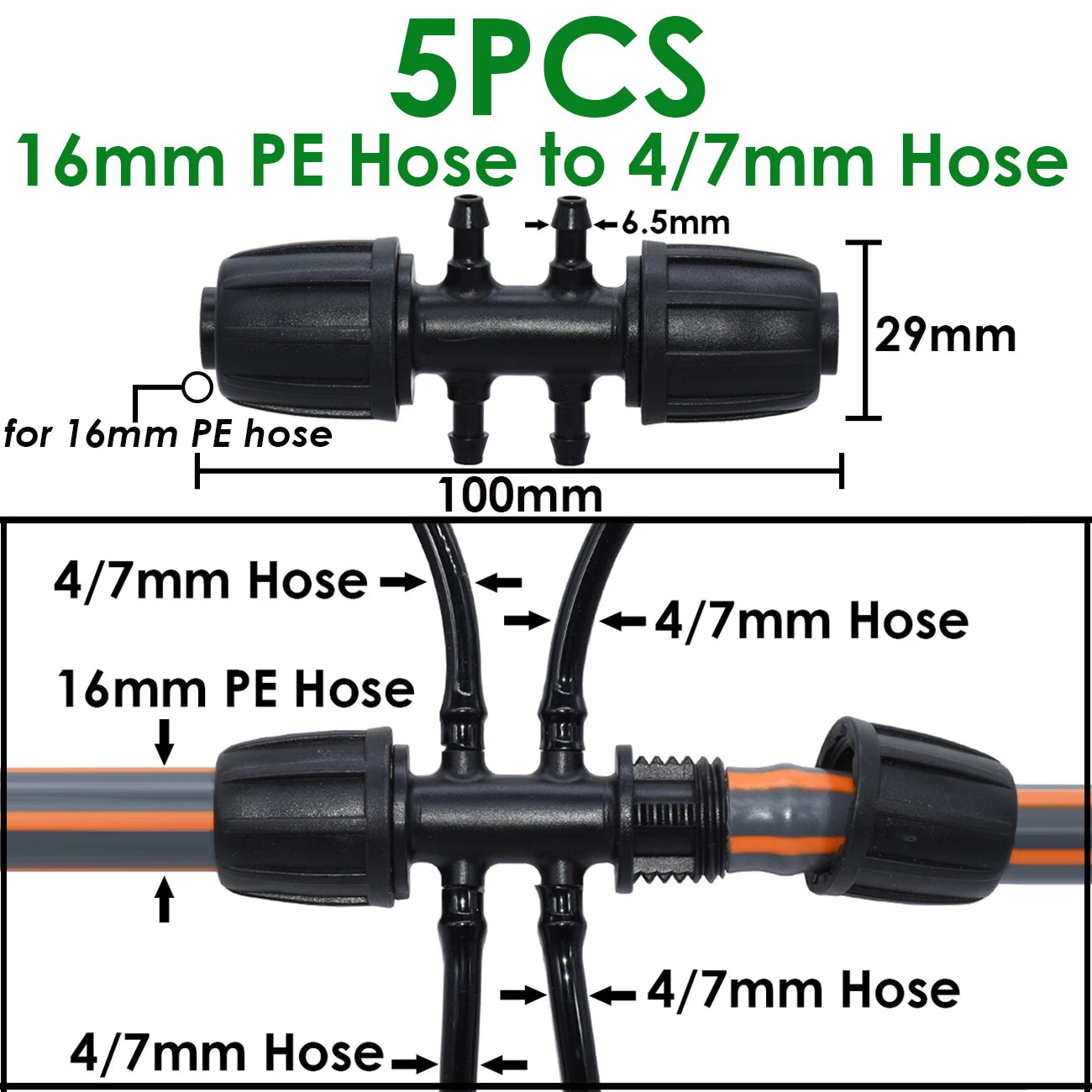 KESLA 5PCS 16mm 1/2'' PE Pipe Connector Splitter Tee for Effortless Drip Irrigation - Adapts to 4/7mm & 3/5mm Garden Hose