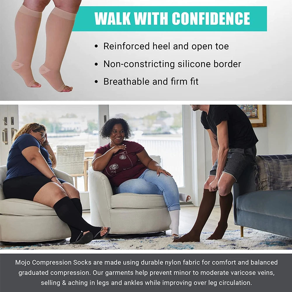 Plus Size Compression Calf Sleeves (S–7XL) – 30–40mmHg Medical Support Socks for Varicose Veins, Edema & Running Athletics Toeless Stockings for Men & Women