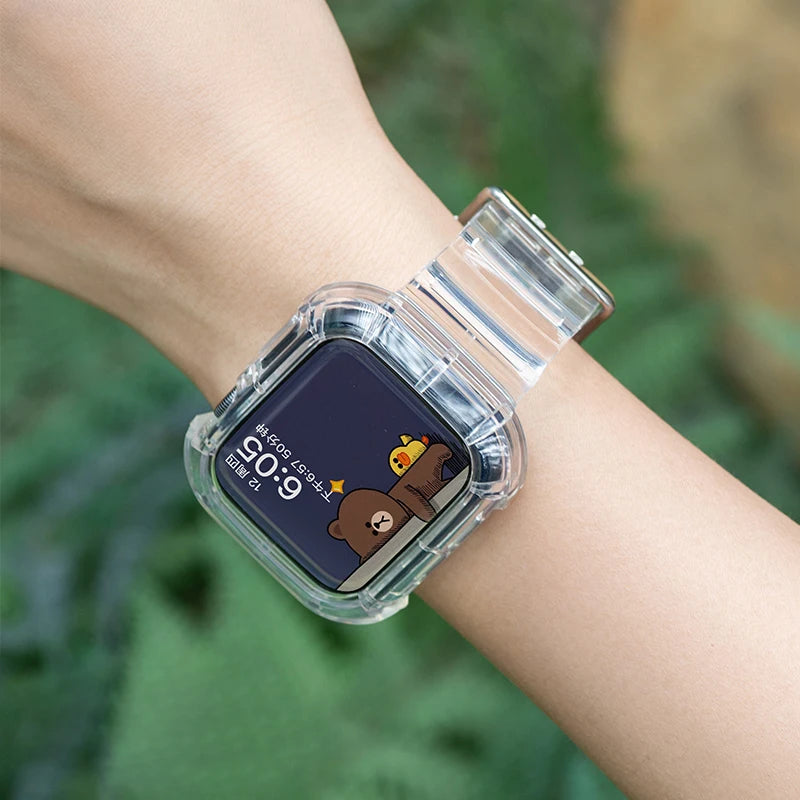 Clear Strap + Case for Apple Watch Series 5/SE/6/4/Ultra 8/7 – Transparent Plastic Band for 38mm, 40mm, 41mm, 42mm, 44mm, 45mm, 49mm