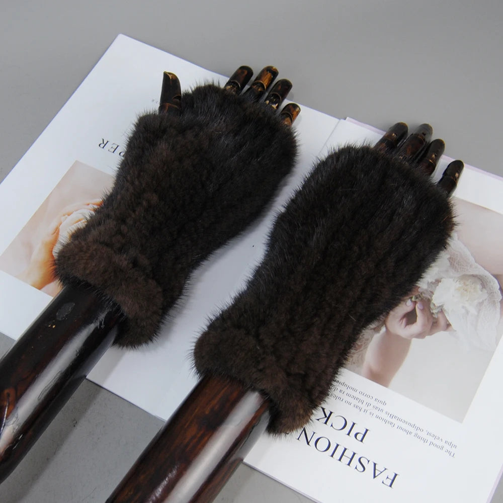 Women’s Winter Mink Fur Gloves – 100% Natural Fingerless Knitted Mittens for Warmth