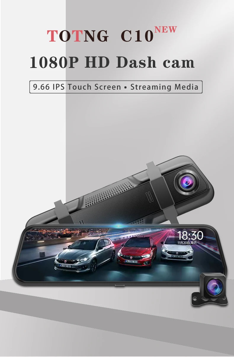 10-Inch Mirror Camera for Car – Touch Screen Video Recorder, Front & Rear Dash Cam, Rearview Mirror DVR Black Box