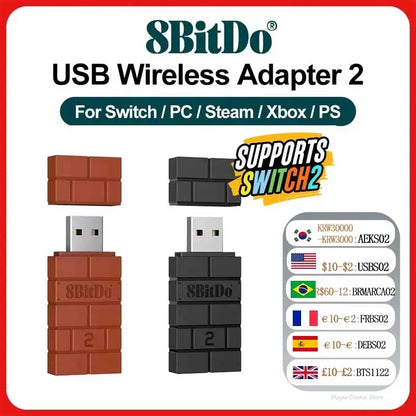 8BitDo USB Bluetooth Adapter 2 – Wireless Receiver for Switch 2, PS3, PS5, Xbox, Joy-Con & PC/Mac/Raspberry Pi