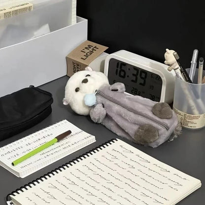 Cartoon Plush Sea Otter Pencil Case – Soft Pen Pouch & Makeup Bag, Portable School Supplies Holder