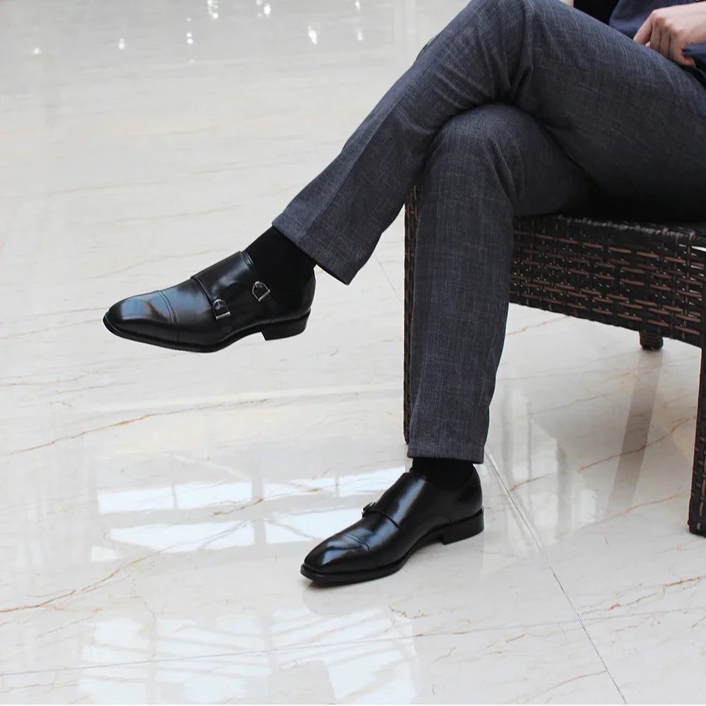 Men’s Genuine Leather Monk Strap Shoes - Double Buckle Cap Toe Formal Business Office Wedding Dress Shoes