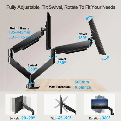Dual Monitor Desk Mount – Mechanical Arm, VESA 100x100mm, Height Adjustable, Supports 32" Screens & 19.8 lbs per Screen