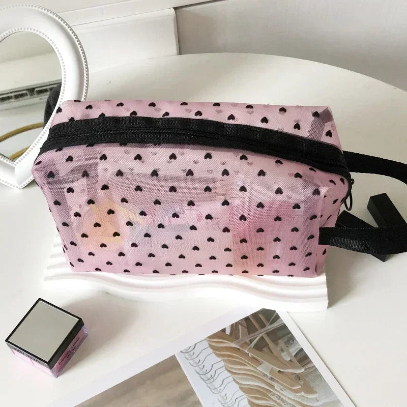 Nylon Mesh Heart-Shaped Cosmetic Bag — Zipper Toiletry & Makeup Organizer Pouch for Women, Multifunctional Lipstick, Key, and Coin Purse