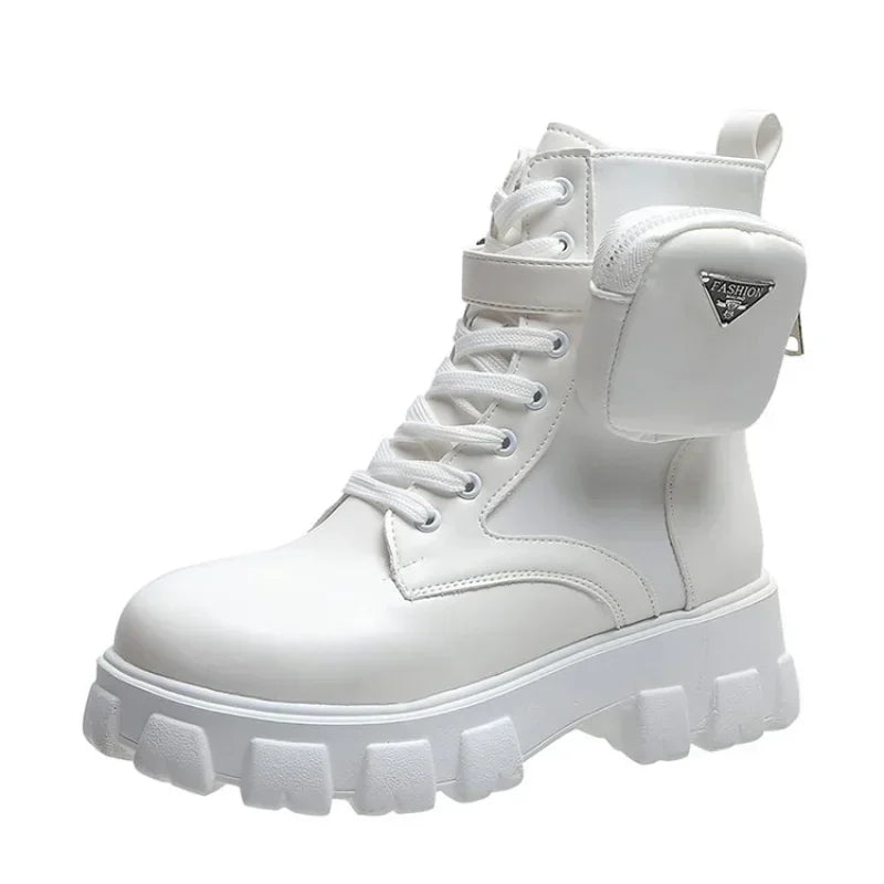 Women's Leather Oxford Motorcycle Boots – Lace-Up Platform Wedge Shoes in White, Black, and Rinse