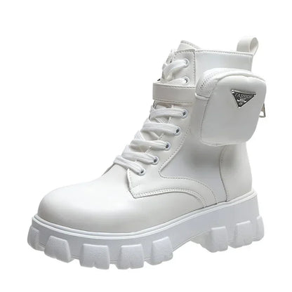 Women's Leather Oxford Motorcycle Boots – Lace-Up Platform Wedge Shoes in White, Black, and Rinse