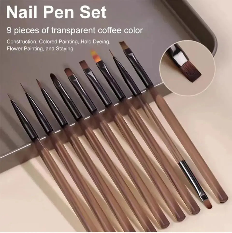9PCS UV Gel Nail Brushes Set - Liner & Acrylic Painting Pens for DIY Nail Art Design and Tip Display