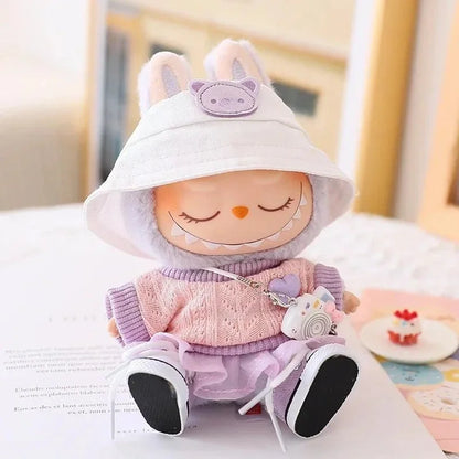 Mini Doll Clothes & Accessories — 15–17cm Labubu & 10cm Cotton Doll Outfit, Pink Hoodie & Yarn Skirt (No Doll)