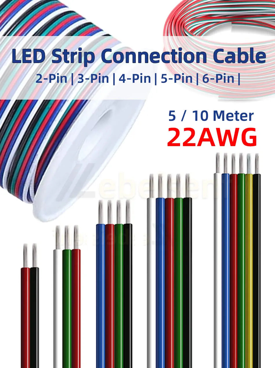 5/10 Meter 22 AWG Electronic Cable Extension Wire – 2Pin, 3Pin, 4Pin, 5Pin, 6Pin for 5050 3528 RGBW RGB CCT LED Strip Lights