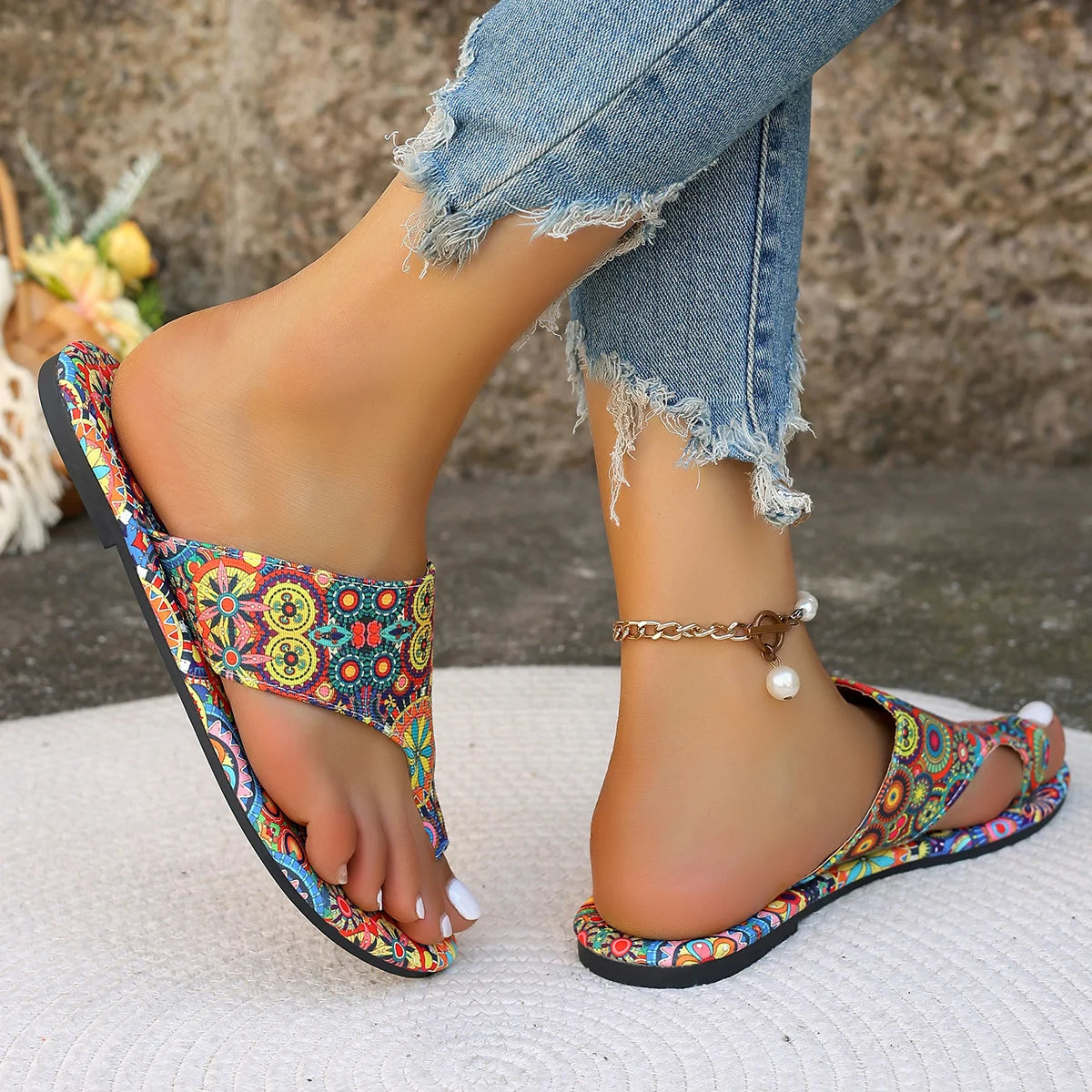 Women’s Bohemian Flower Slippers — Casual Lightweight Flip Flops & Home Slides, Fashionable Big Size Sandals
