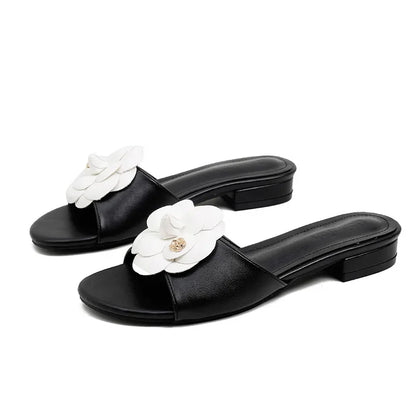 Luxury Women’s Flower Slippers — Camellia Open-Toe Slides for Home & Outdoor, Ladies Flip Flop Sandals