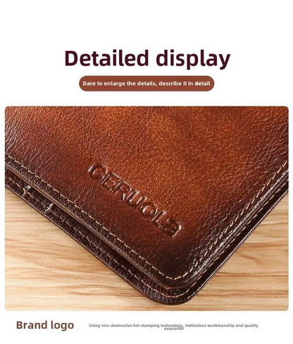 Genuine Leather Men’s Wallet – RFID Blocking Trifold, Vintage Thin ID & Credit Card Holder, Multi-Function Purse
