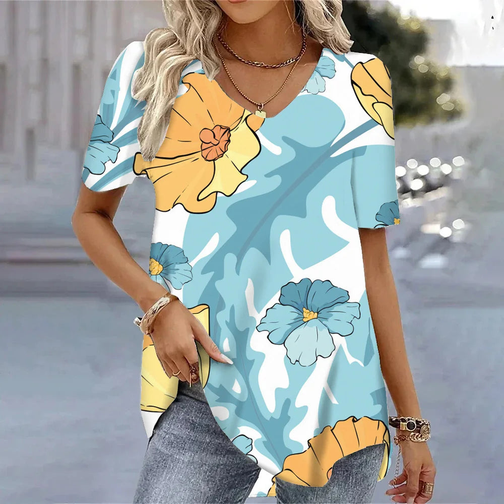 3D Floral Print T-Shirt - Women's Harajuku Casual Loose Fit Summer Crewneck Top