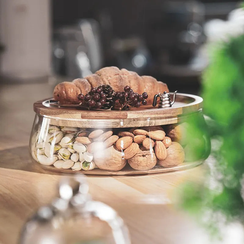 Creative Glass Food Storage Containers with Wooden Lids - Kitchen Organizer for Snacks, Fruits, Nuts, and Sundries