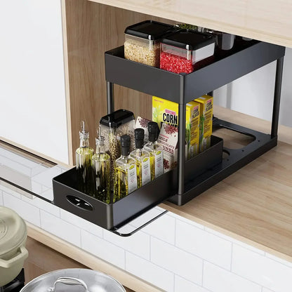 2-Tier Under Sink Sliding Organizer — Cabinet Basket Storage Rack with Hooks for Bathroom & Kitchen Cups