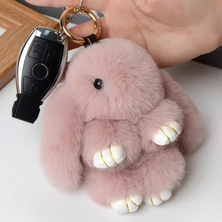 Fluffy Rabbit Fur Pompon Keychain – Cute Bunny Bag and Car Key Ring for Women and Girls
