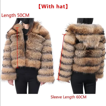 2025 Maomaokong Women’s Real Fur Coat – Natural Raccoon & Fox Fur Jacket with Hood, Warm Winter Outerwear
