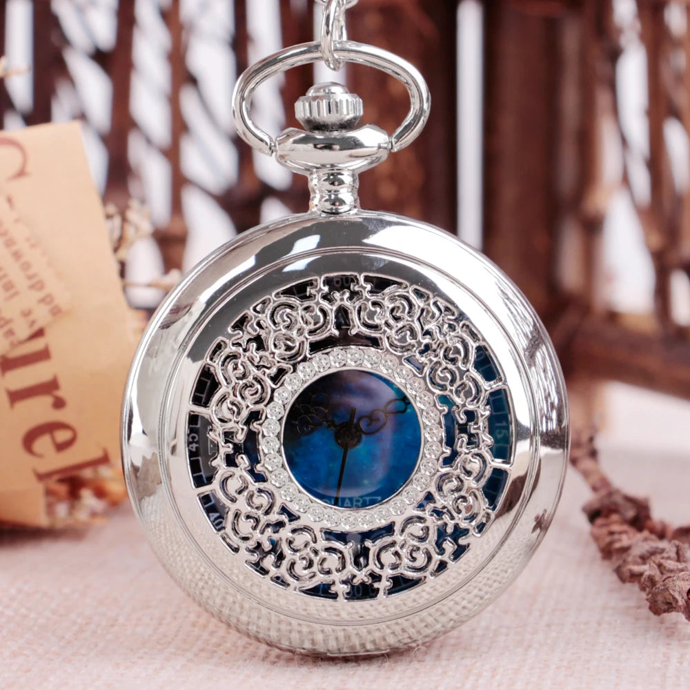 Starry Blue Dial Quartz Pocket Watch - Black & Silver Hollow Pendant Watch with Roman Numerals for Men, Women & Kids