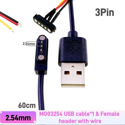 Magnetic Pogo Pin Connector - 2–5 Pin Spring-Loaded Male/Female Power Socket, 2.54/2.8mm Spacing, USB Cable Compatible
