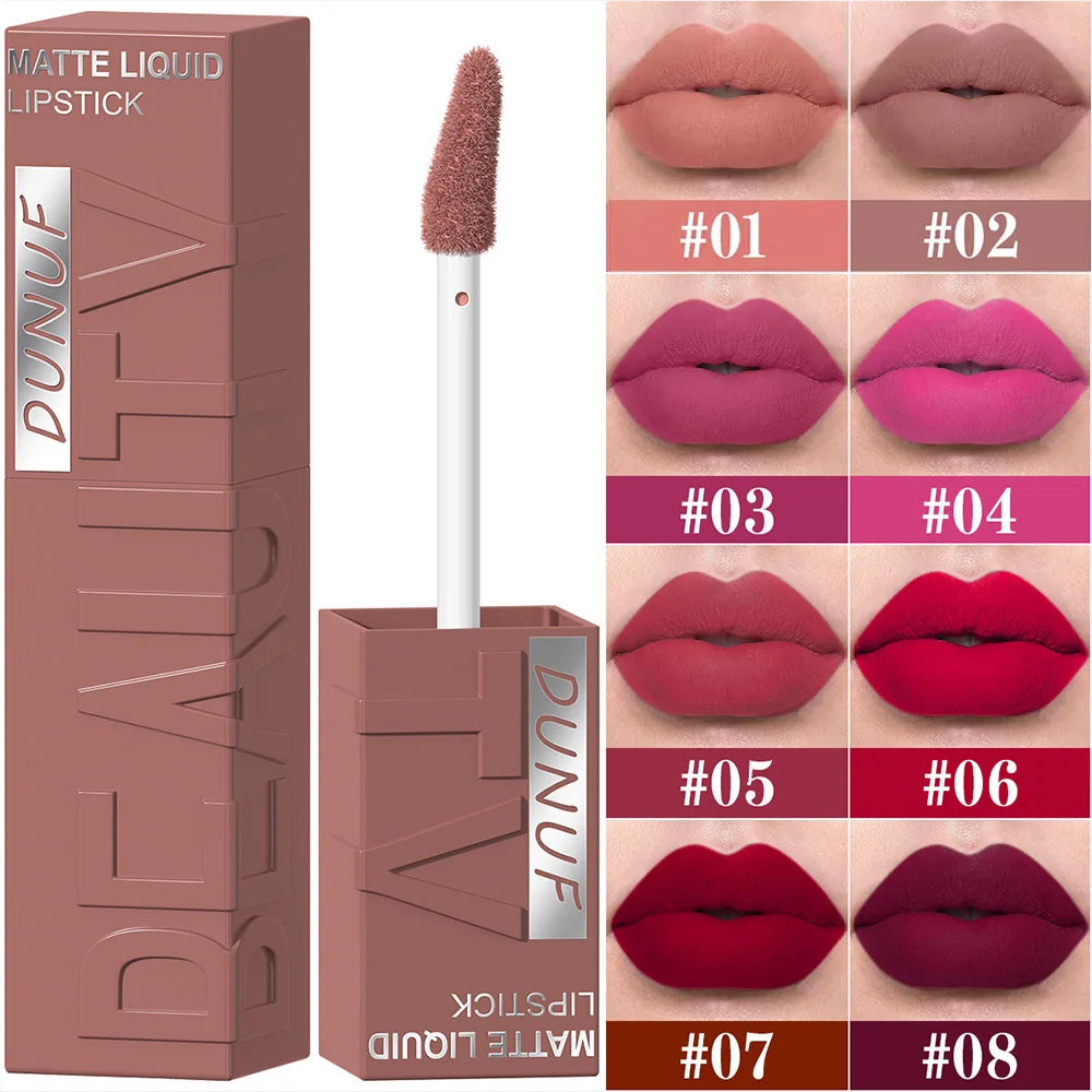DUNUF Matte Velvet Lipstick - 8 Color Waterproof Plumping Square Tube Lip Gloss Makeup