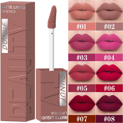 DUNUF Matte Velvet Lipstick - 8 Color Waterproof Plumping Square Tube Lip Gloss Makeup