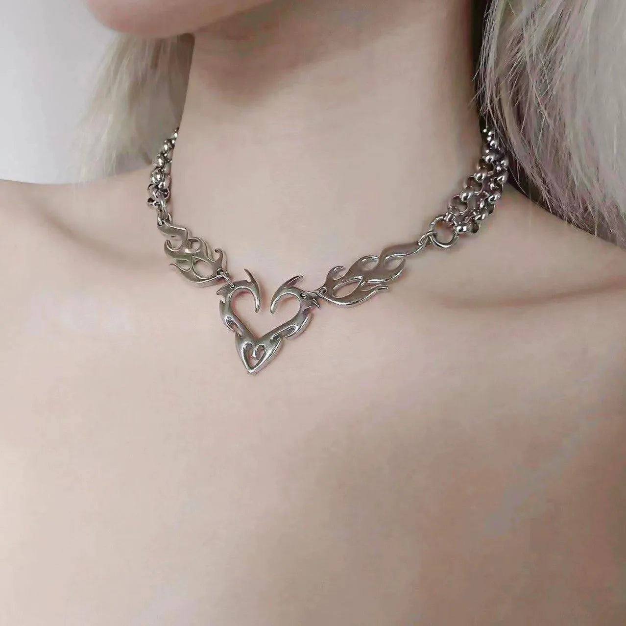 Y2K Punk Silver Flame Heart Pendant - Hip Hop Party Necklace Jewelry Gift for Women
