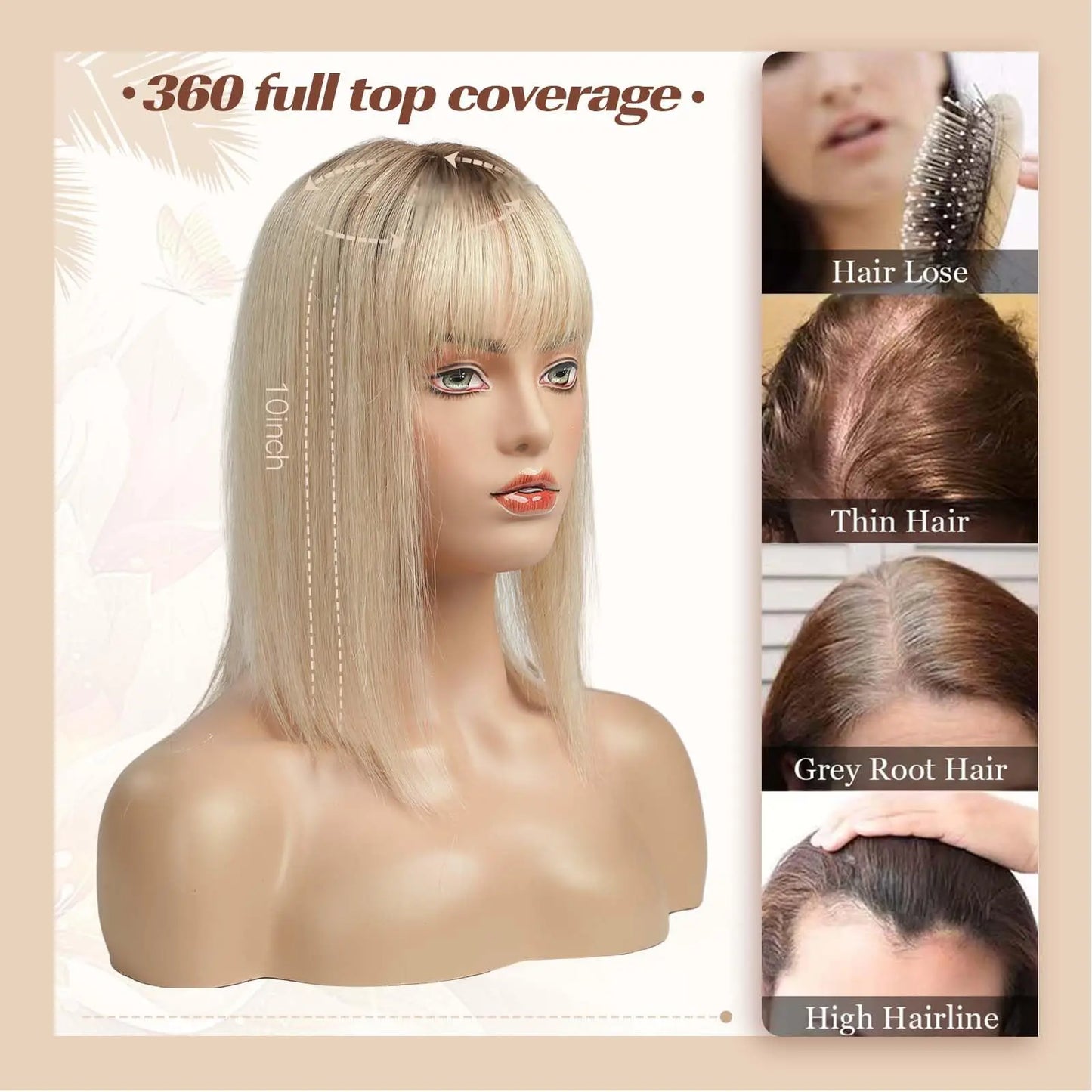 Ombre Brown Blonde Remy Human Hair Topper – 14 Inch Silk Base Clip-In Wig with Bangs for Women